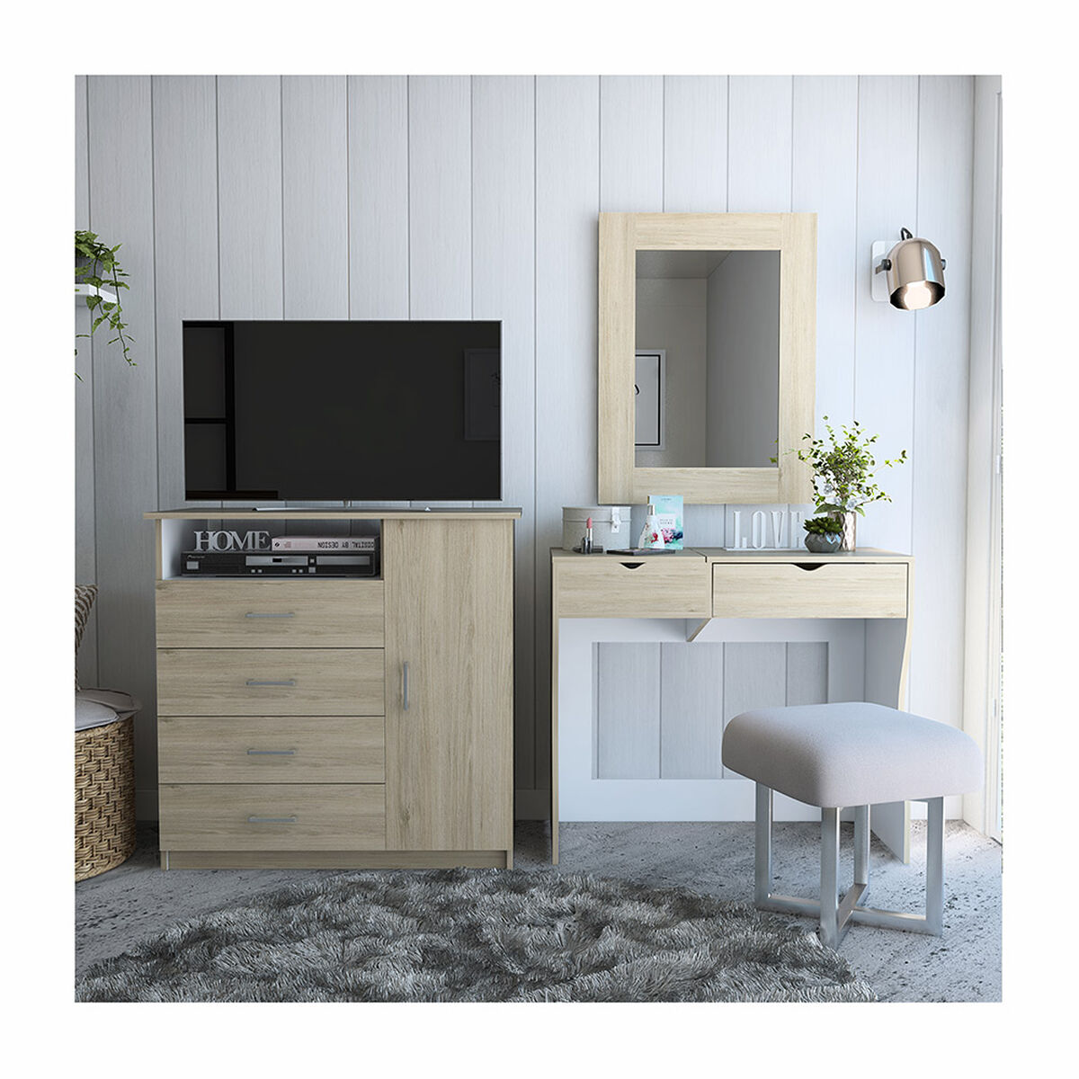 Mueble de Tocador + Espejo + Cómoda 4 Cajones 1 Puerta Perla