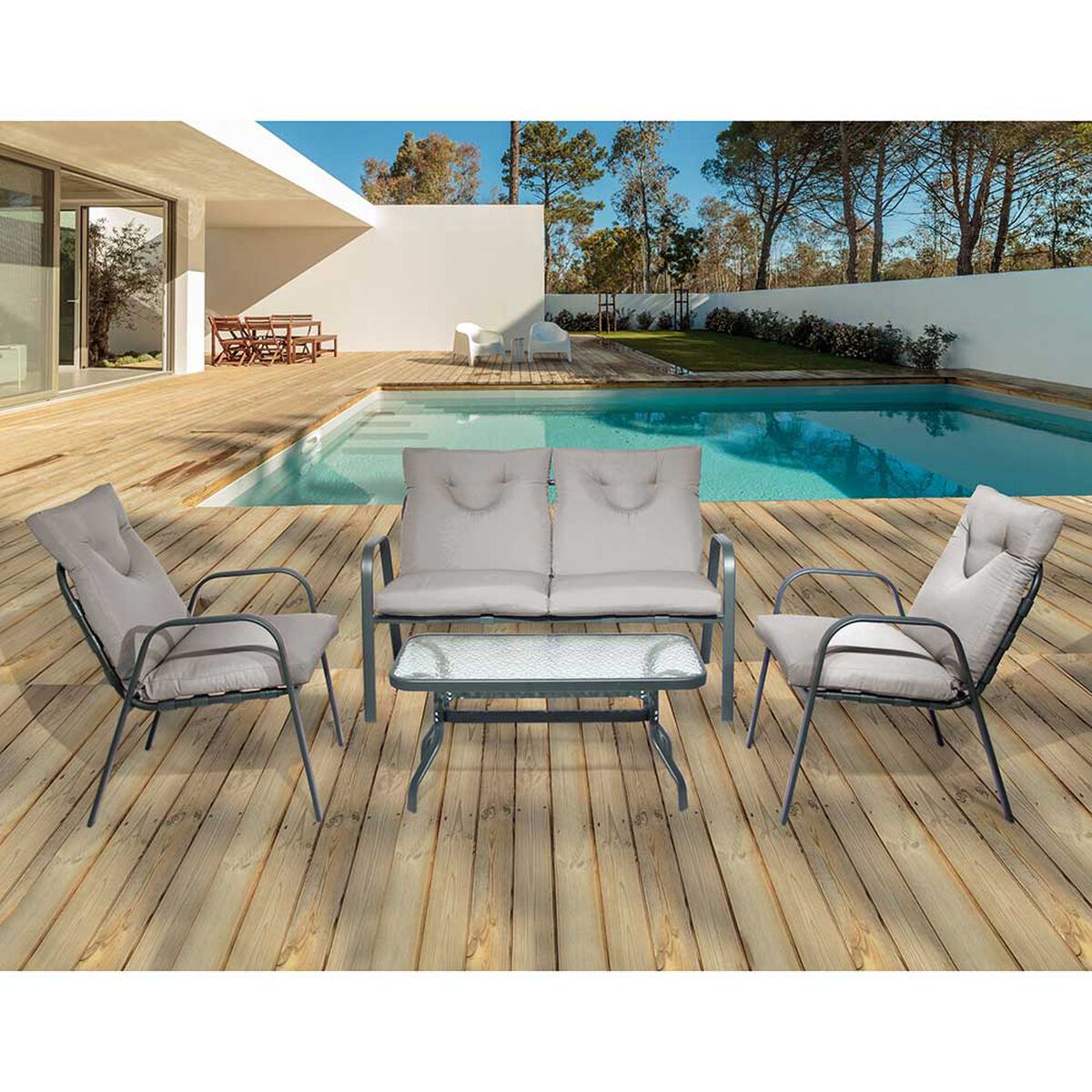 Juego de Living para Terraza Casanova Murano Sofá 2 Cuerpos + Dos Sillones 1 Cuerpo + Mesa de Centro Gris