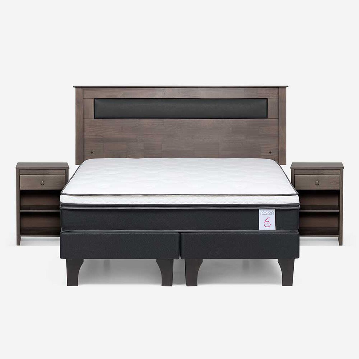 Cama Europea Rosen Base Dividida 2 Plazas New style 6 + Respaldo Ferrera Gris + 2 Veladores