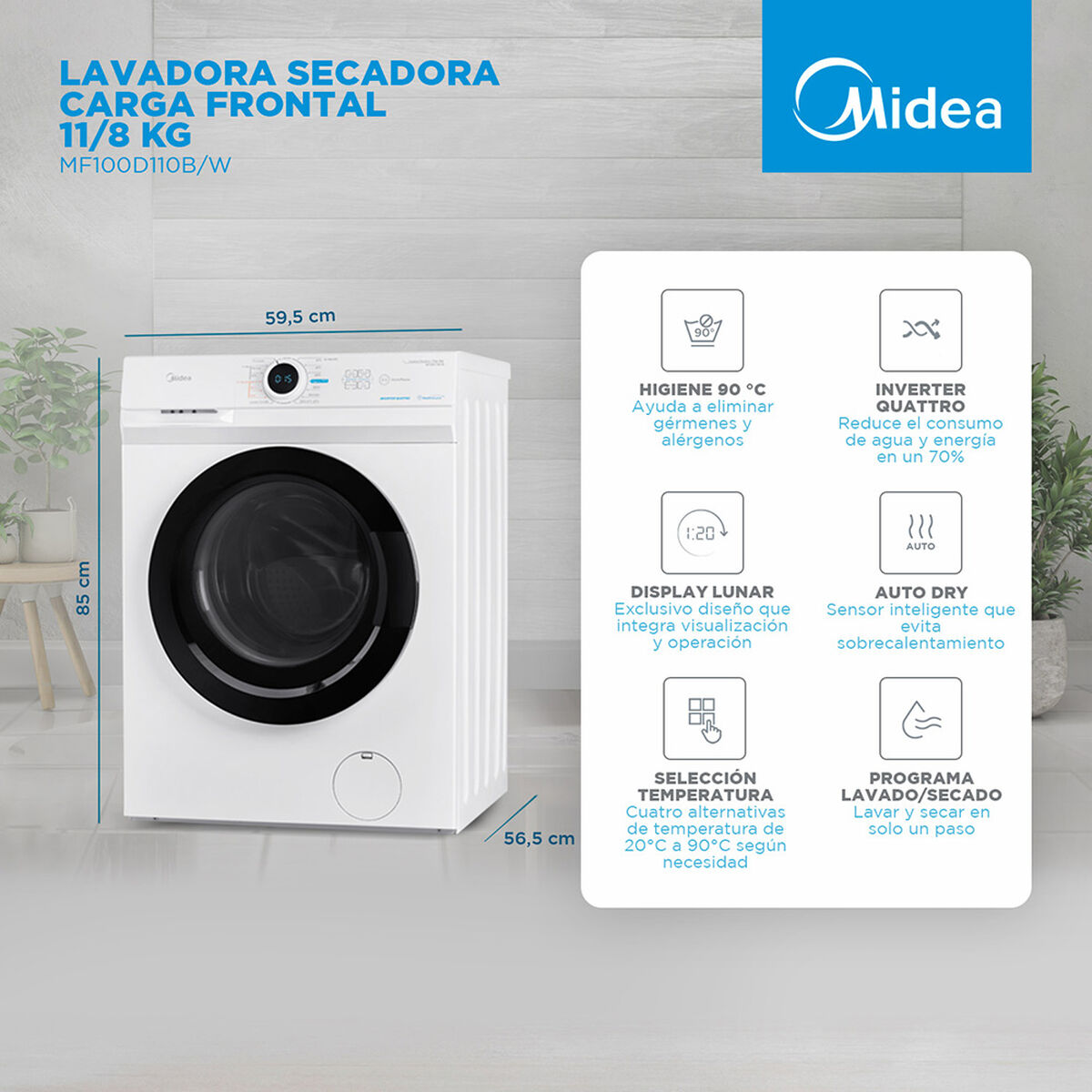 Lavadora Secadora Midea MF100D110B/W 11/8 kg.