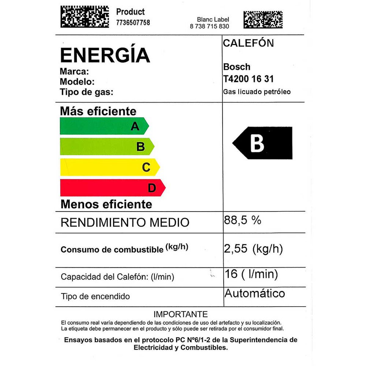 Calef&oacute;n 16 litros gas licuado tiro natural Junkers Bosch Therm 4200