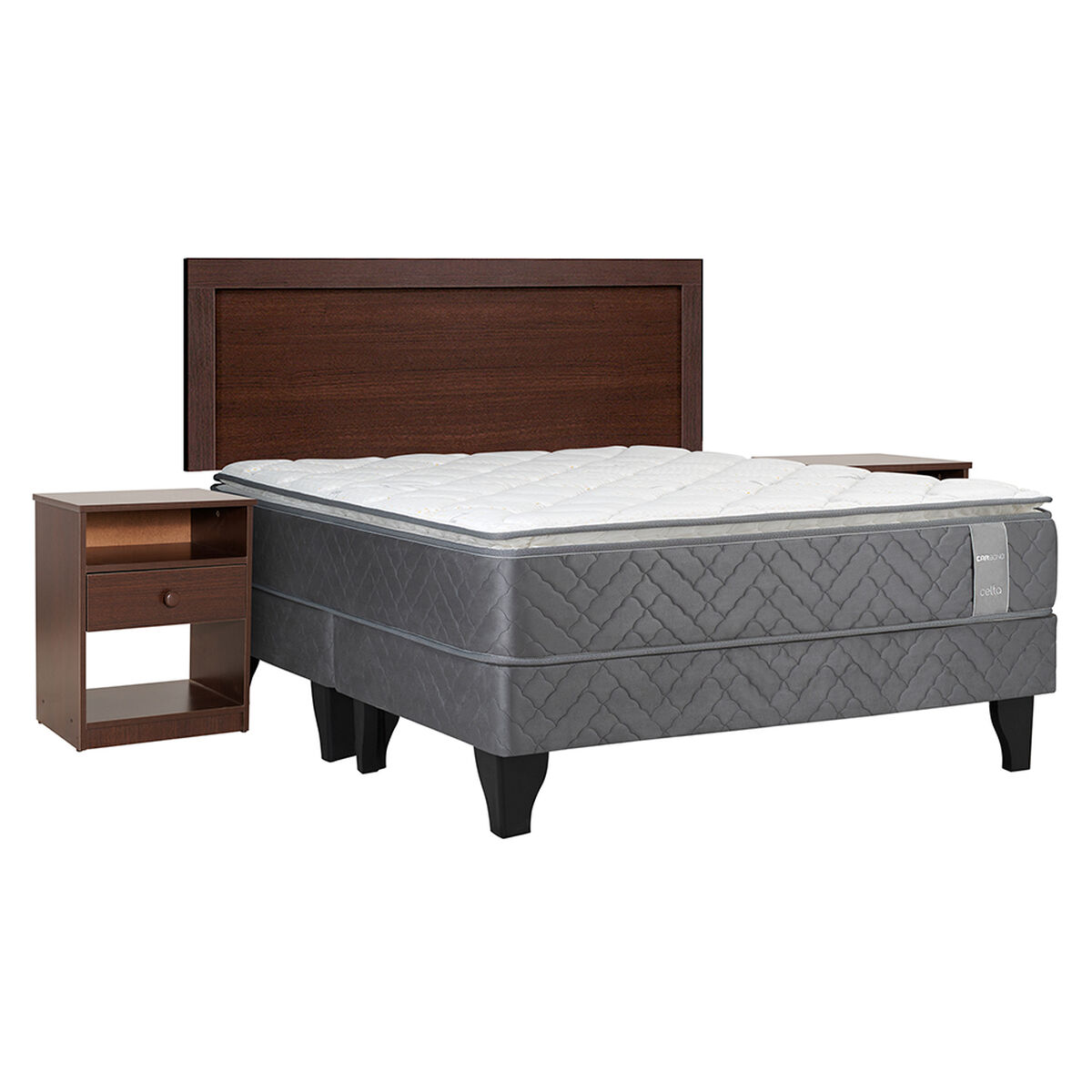 Cama Europea Celta Base Dividida King Carbono + Respaldo + 2 Veladores Pamplona