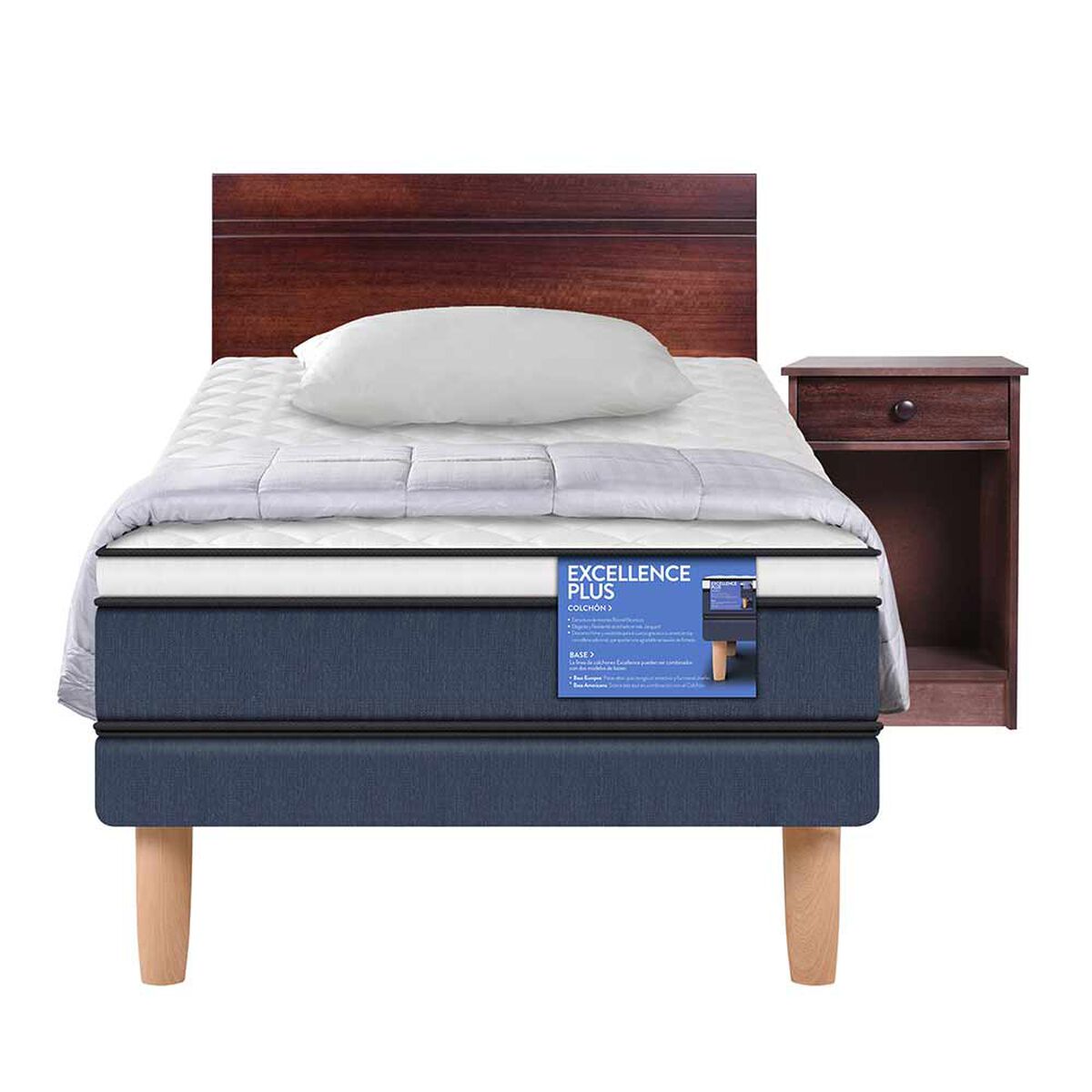 Cama Europea 1.5 Plazas Excellence Plus + Mueble + Respaldo