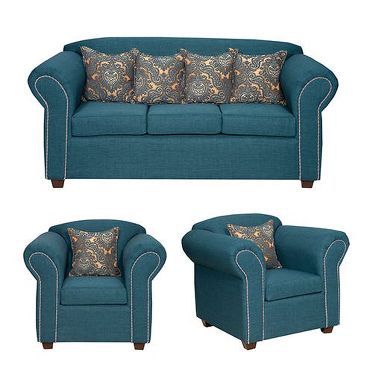 Juego de Living Essenza Amparo Sofá 3 Cuerpos + Dos Sillones 1 Cuerpo Turquesa