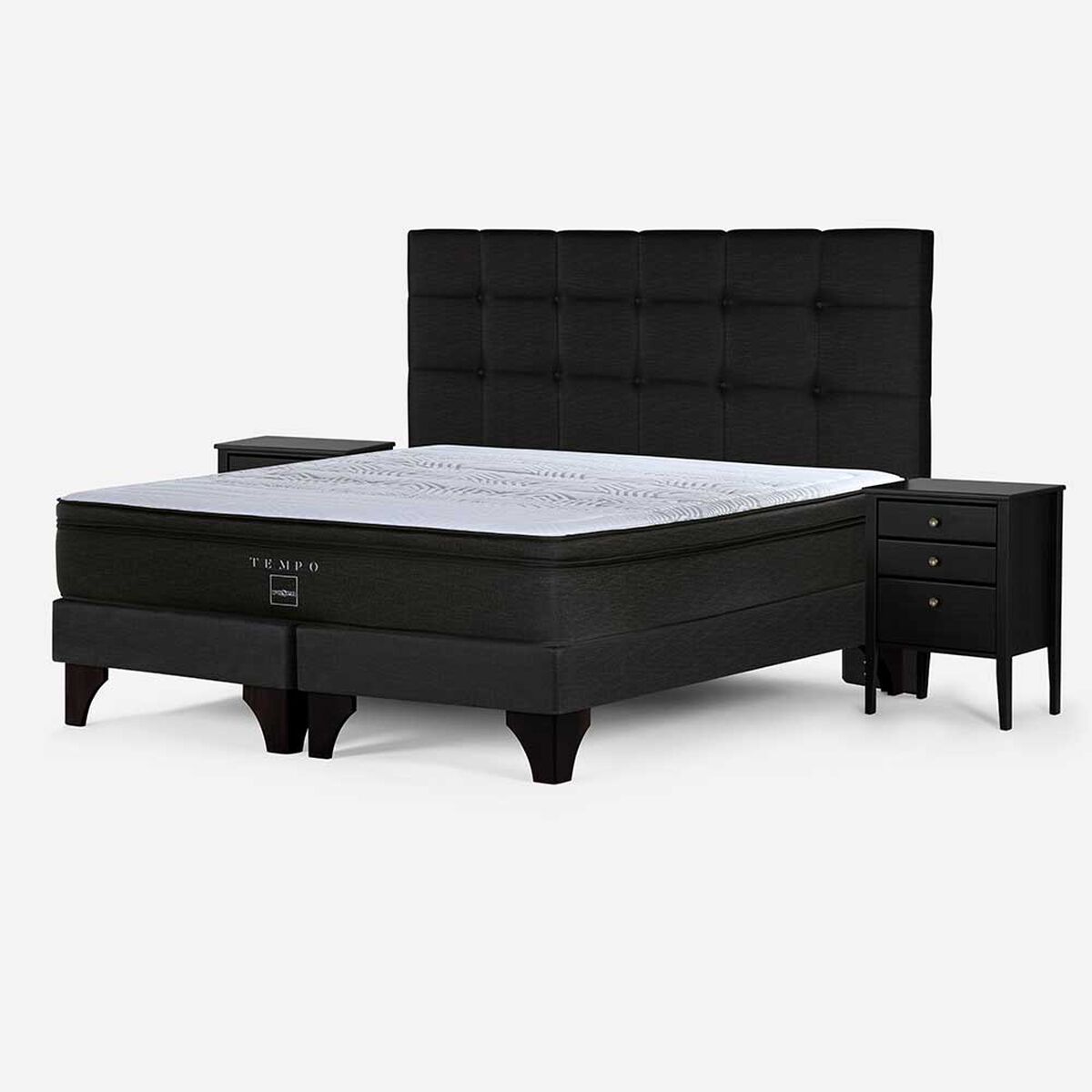 Cama Europea Rosen Base Dividida Súper King Tempo + Respaldo + 2 Veladores Issey Grafito