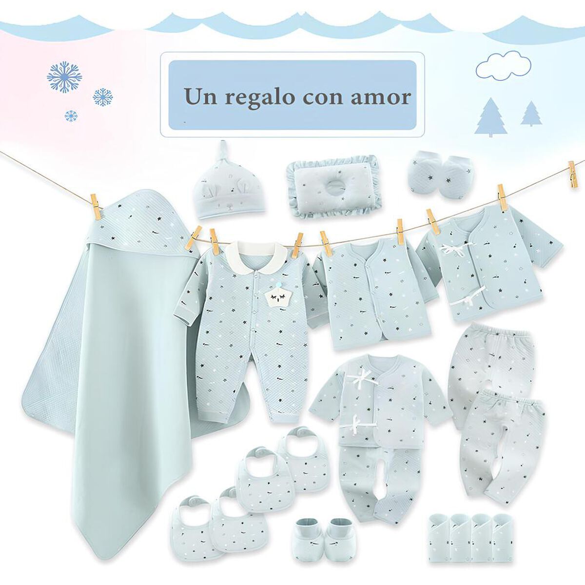 Pack Ajuar Bebé Ropa Algodón 24 Piezas Celeste Lubabycas