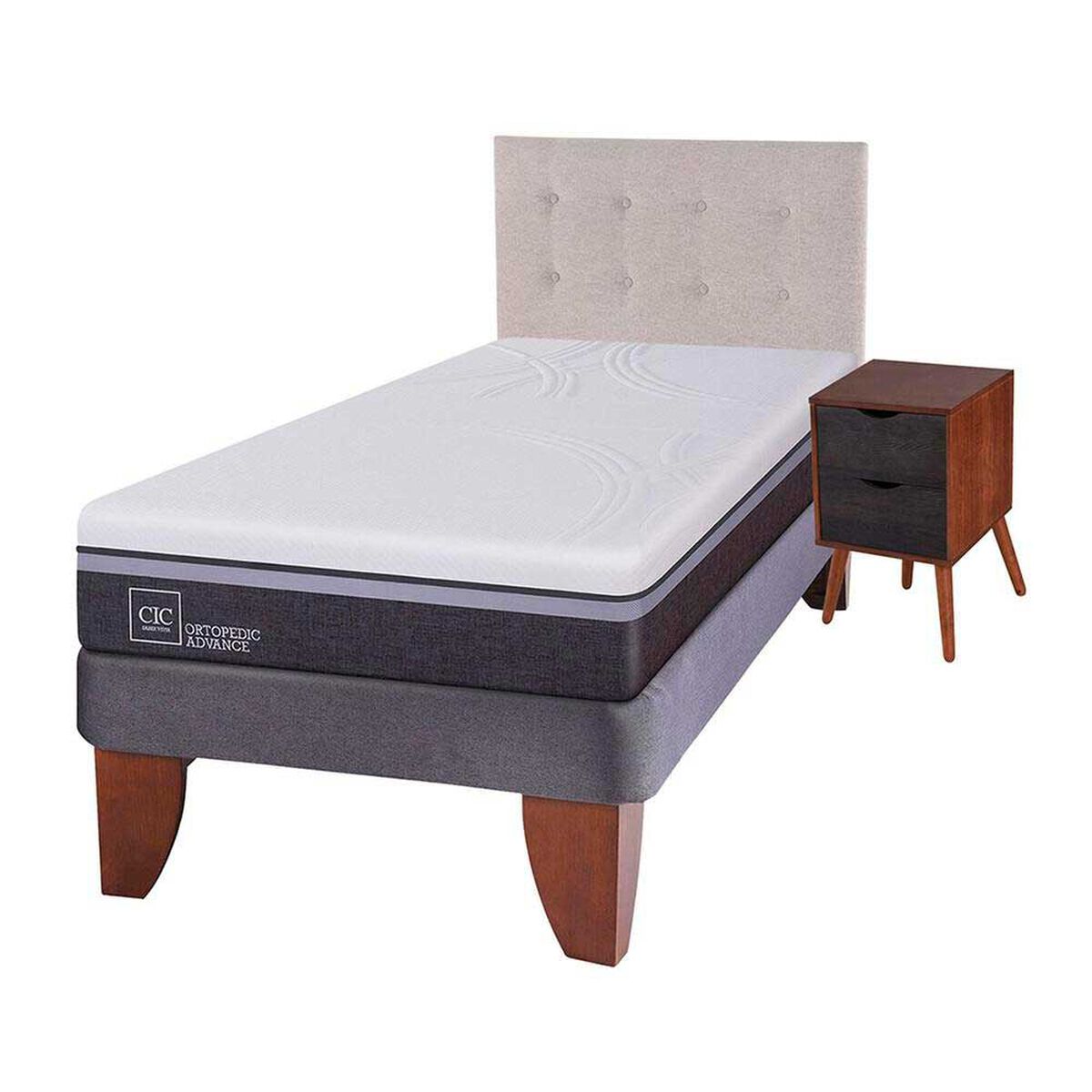 Cama Europea CIC 1,5 Plazas Ortopedic Advance + Respaldo + Velador Tigris
