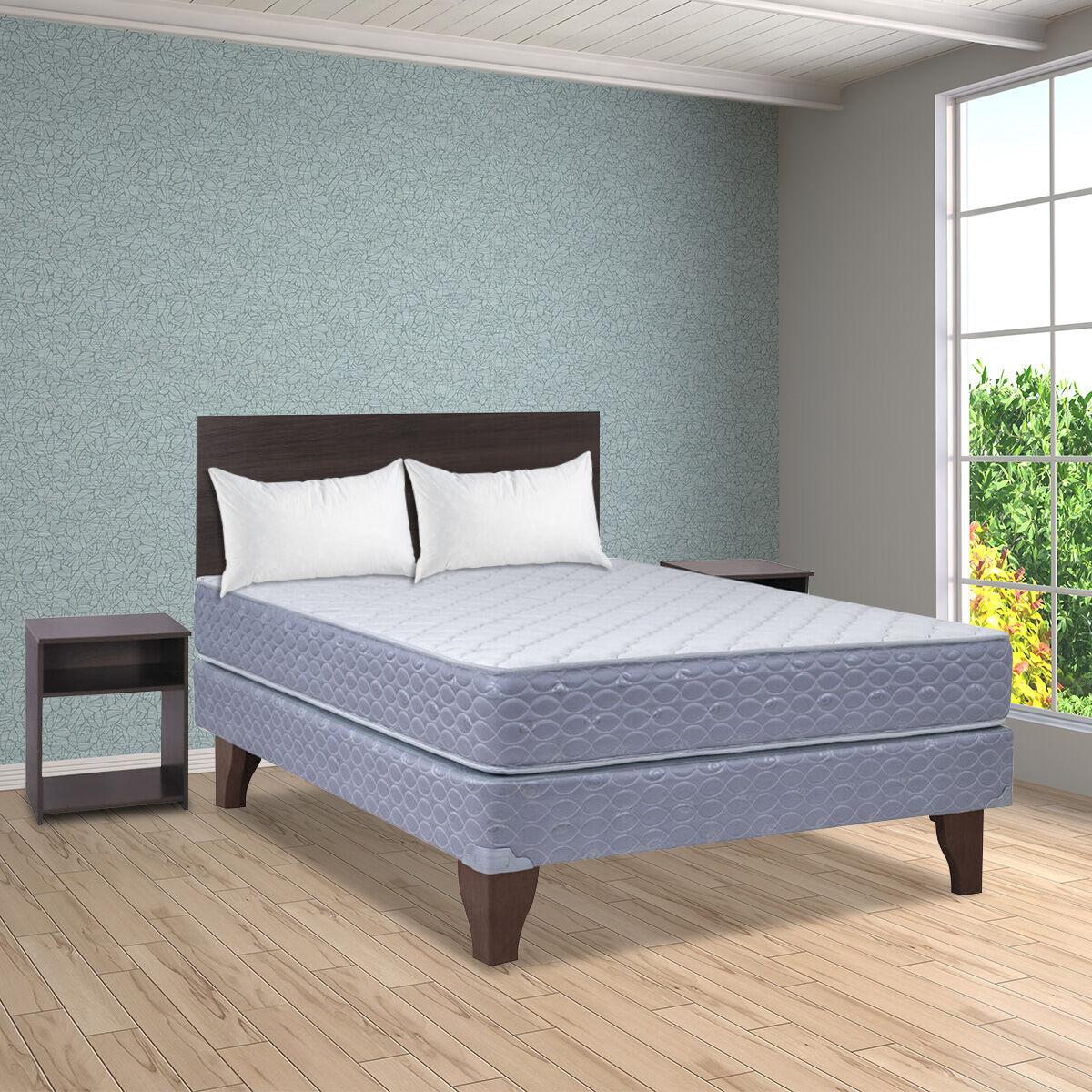 Combo Cama Europea Celta 2 Plazas New Atlantis + Set Maderas Castilla + Pack Almohadas Celta Imperial Soft