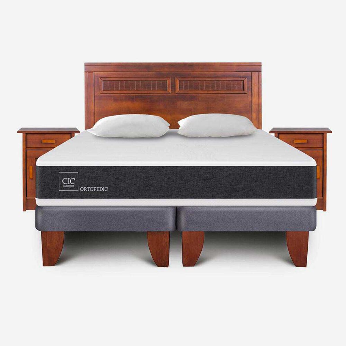 Cama Europea CIC Base Dividida King New Ortopedic + Respaldo + 2 Velador Mil&aacute;n + Almohadas
