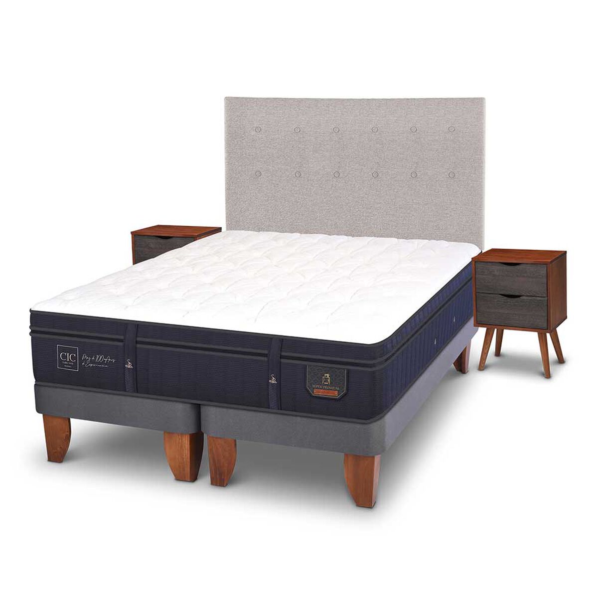 Cama Europea CIC Base Dividida 2 Plazas Súper Premium + Respaldo + Veladores
