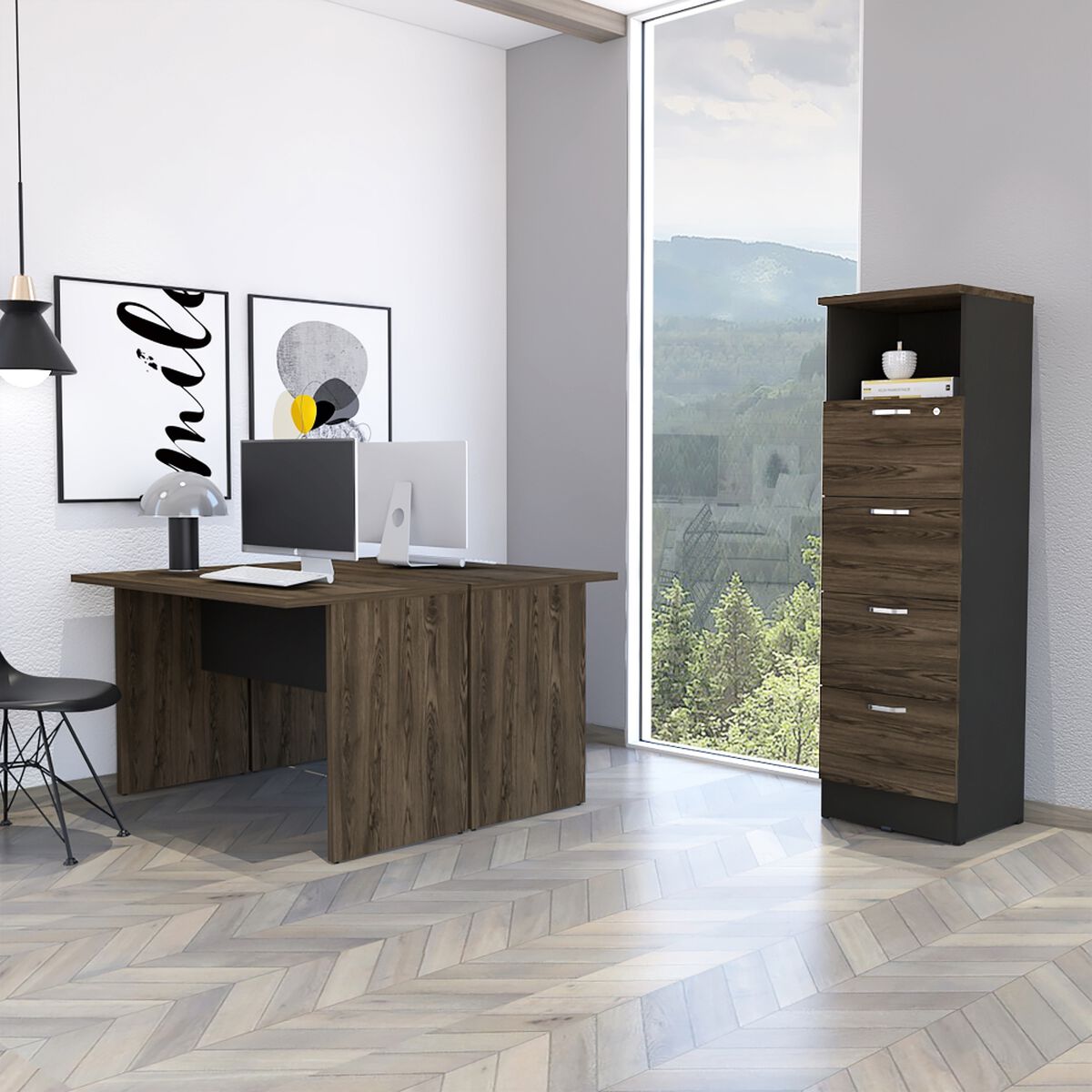 Escritorio Doble + Archivador 4 Cajones Negro TuHome Home Office