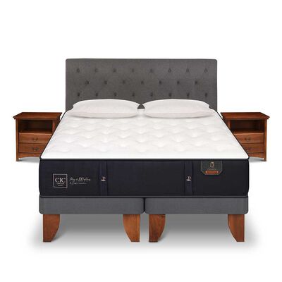 Cama Europea CIC Base Dividida King Premium + Respaldo + 2 Veladores Kaveri + 2 Almohadas Ganso