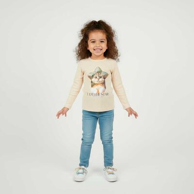 Polera Manga Larga Niña Chess Beige, Blanco