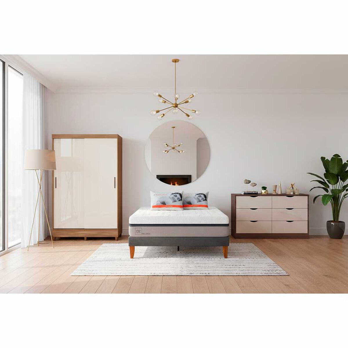 Combo Cama Europea CIC 2 Plazas Balance + Cl&oacute;set Casanova Fit 2 Puertas Correderas Jequitiba Blanco + C&oacute;moda Casanova Pisa 6 Cajones Nogal Off White + Pack Almohadas Celta Imperial Soft Blanco 65 x 45 cm
