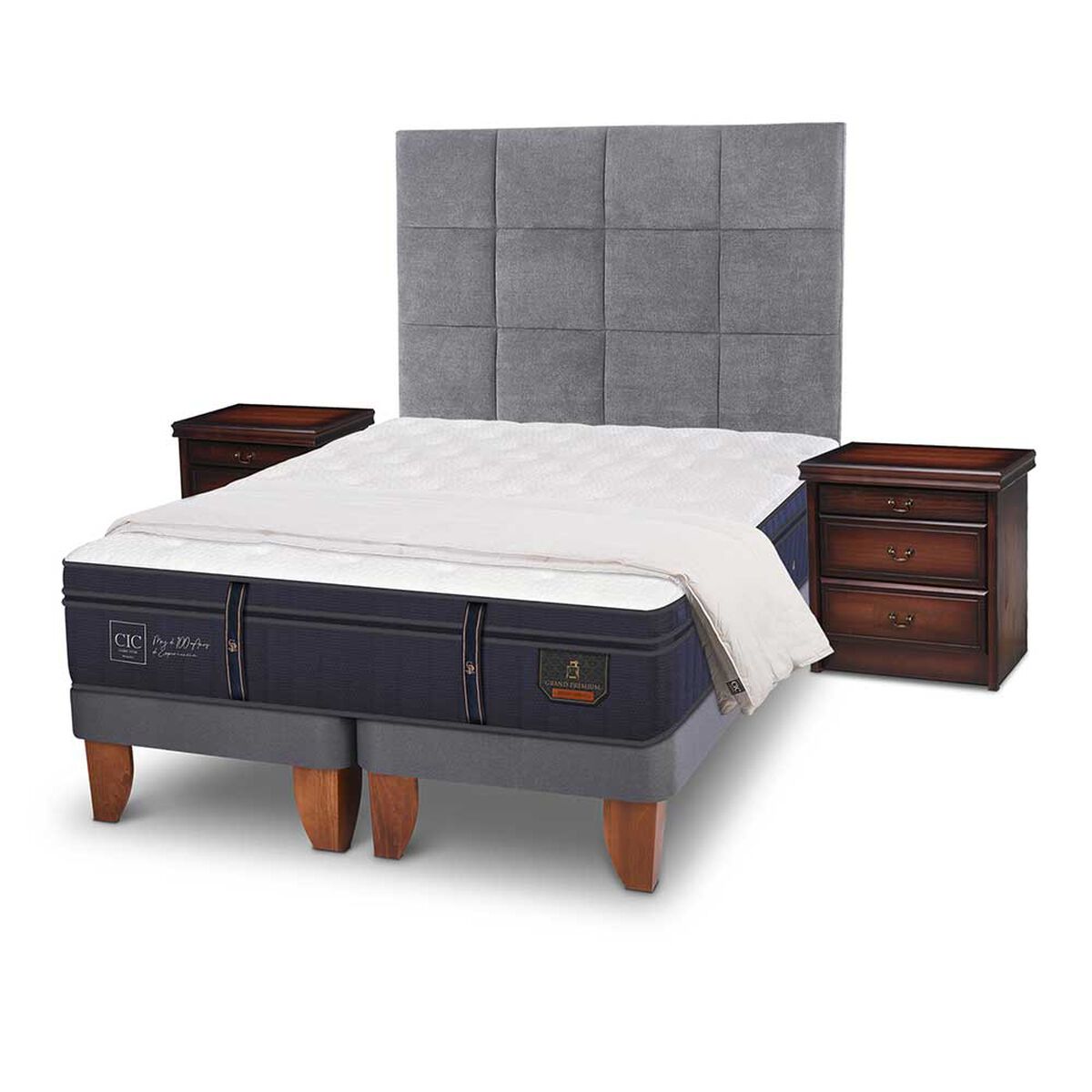 Cama Europea CIC Base Dividida S&uacute;per King Grand Premium + Respaldo + Veladores + Plum&oacute;n Ganso