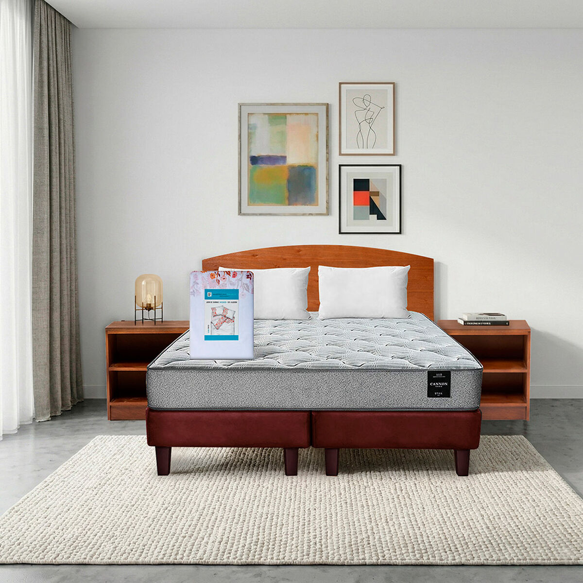 Combo Cama Europea Latam Home 2 Plazas Cannon BD Tela Chocolate + Textil + Respaldo + 2 Veladores Atlas