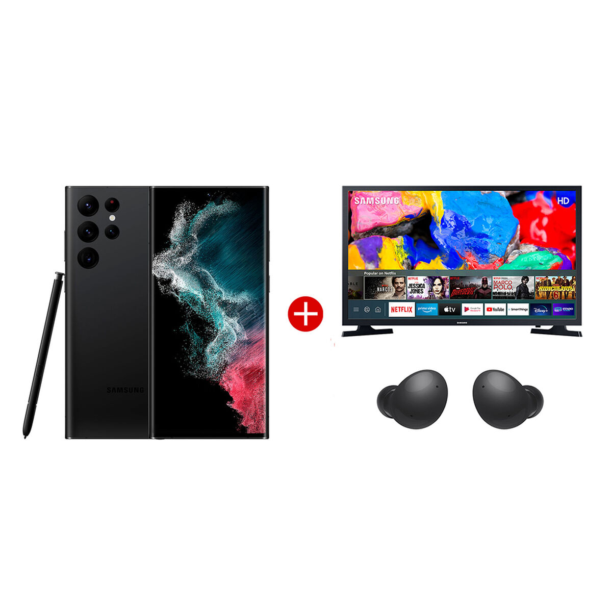 Combo Celular Samsung Galaxy S22 Ultra 128GB 6,8" Phantom Black Liberado + LED 32'' T4300 Smart TV HD + Audífonos Bluetooth Galaxy Buds2 Graphite