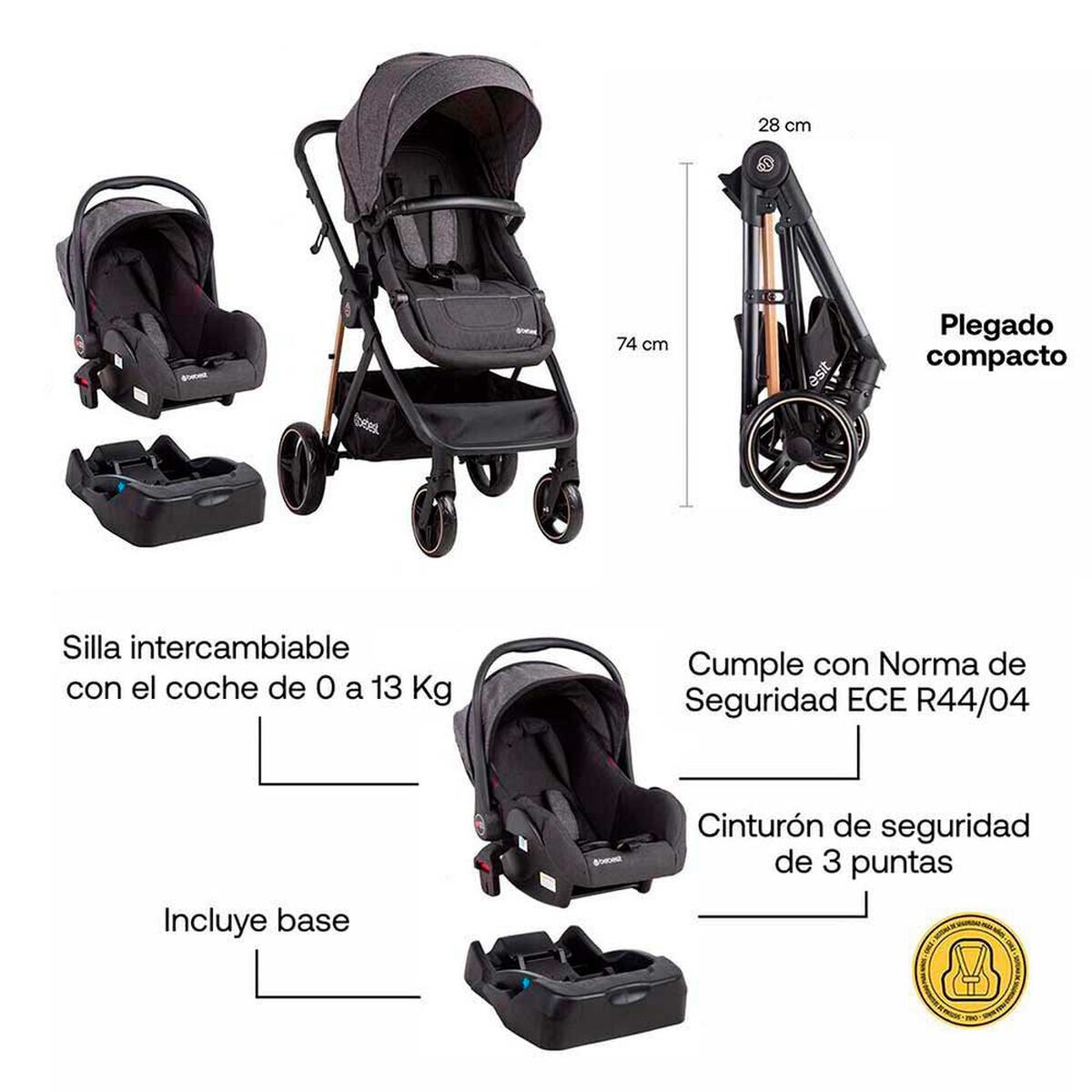 Coche Cuna Travel System Bebe Cosmos con Base Gris Bebesit