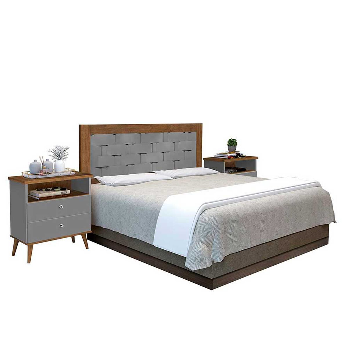 Combo Cama Europea Rosen 2 Plazas Ergo T + Respaldo + 2 Veladores Dreams Treliza Gris + Pack Almohadas Celta Imperial Soft