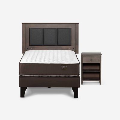 Cama Europea Rosen 1 Plaza New Ergo T + Respaldo Rachel Gris + Velador