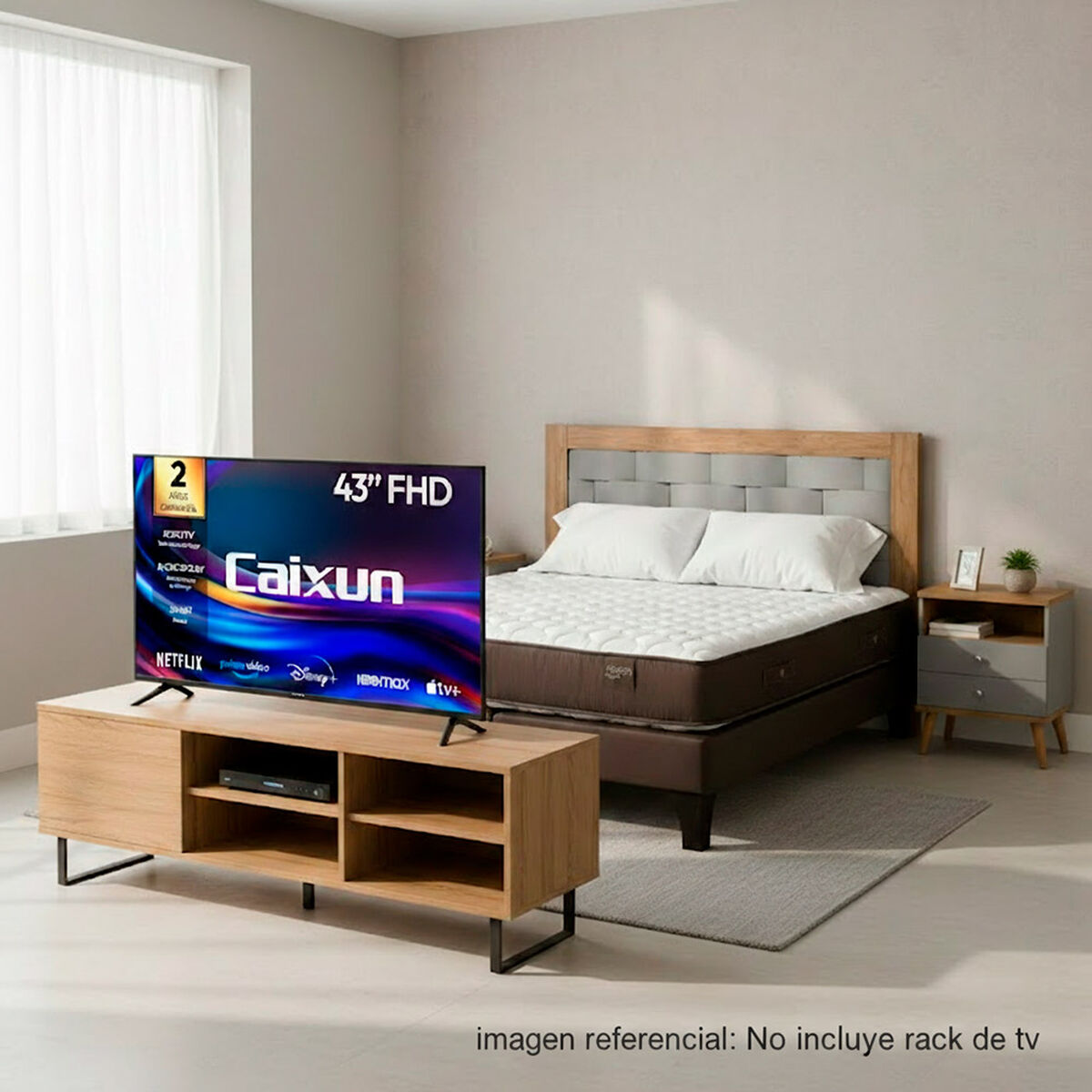 Combo Cama Europea Rosen 2 Plazas + Respaldo + Veladores + Pack Almohadas + Smart TV LED 43" Caixun FHD