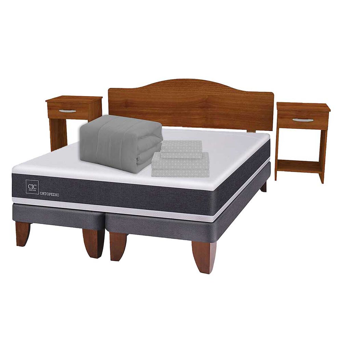Combo Cama Europea CIC Base Dividida 2 Plazas Ortopedic + Respaldo + 2 Veladores Casanova Provenza + Set Textil Reversible