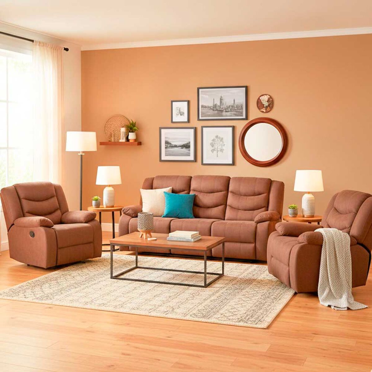 Juego de Living Daniels Sof&aacute; 3 Cuerpos Reclinable + 2 Berger Norman Caf&eacute;