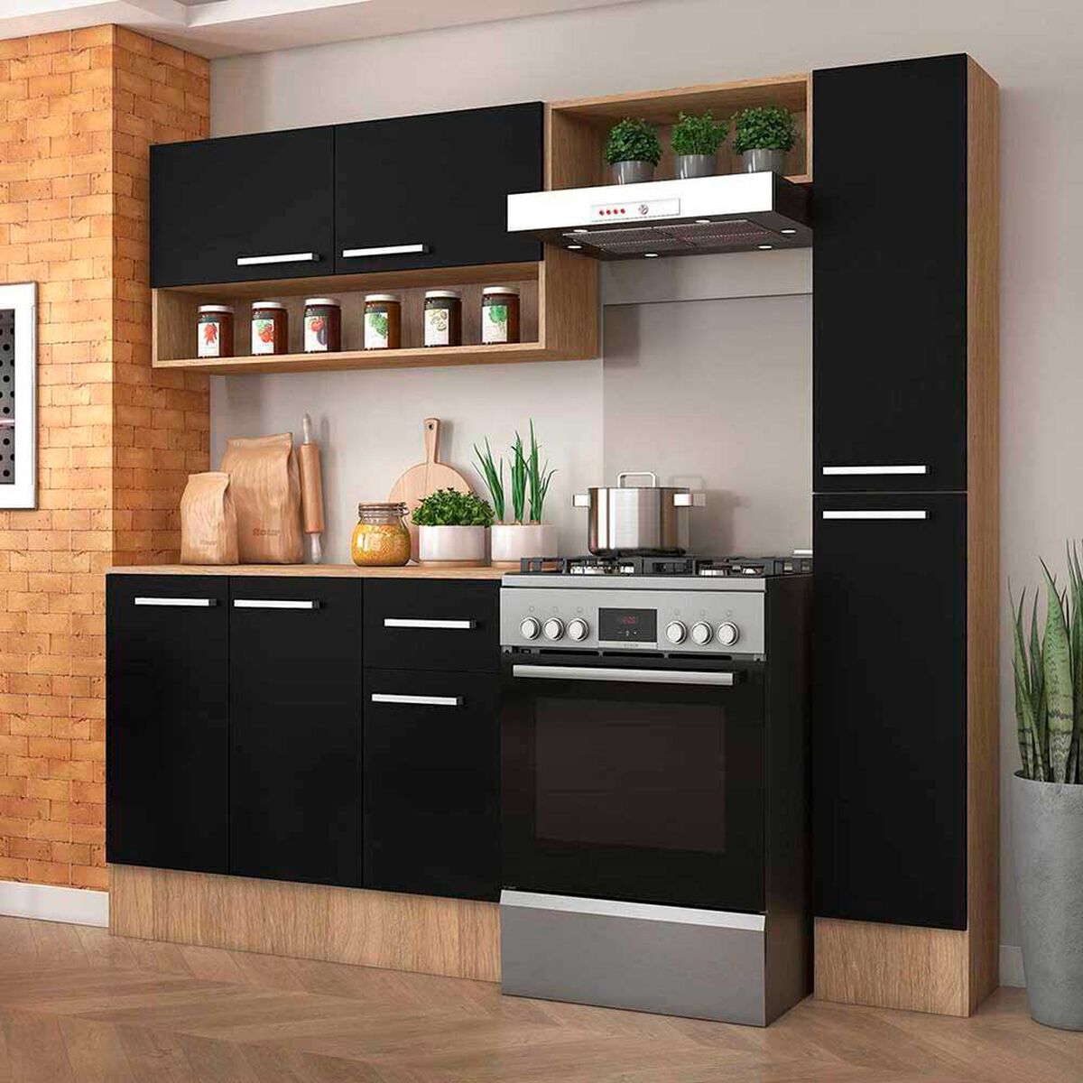 Mueble de Cocina Vekkahome Madri 1 Caj&oacute;n 7 Puertas Negro Caf&eacute;