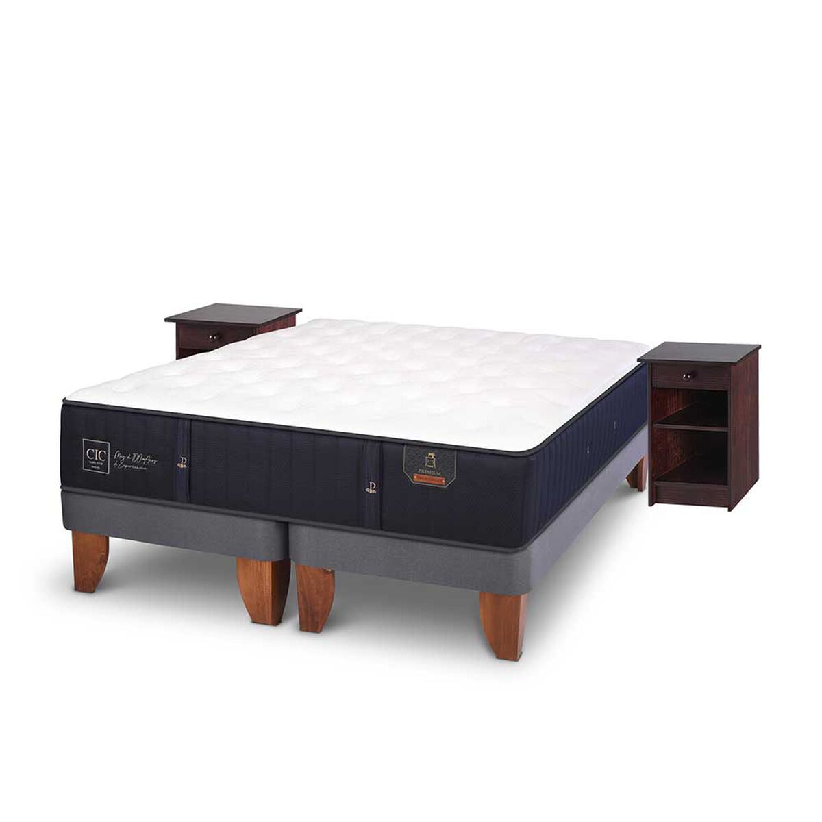 Cama Europea CIC Base Dividida 2 Plazas Premium + 2 Veladores New Dublin Chocolate