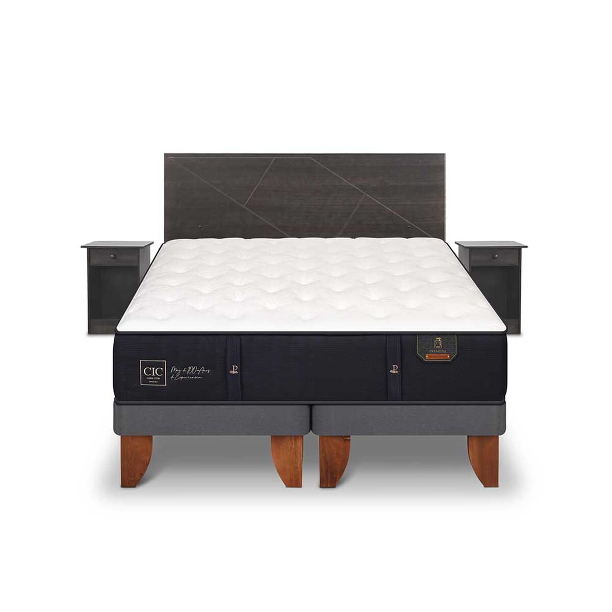Cama Europea CIC Base Dividida 2 Plazas Premium + Respaldo + 2 Veladores Villarrica