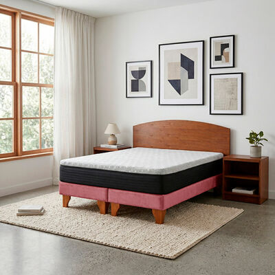 Cama Europea Latam Home 2 Plazas New Top Tela Velvet Palo Rosa + Maderas Atlas