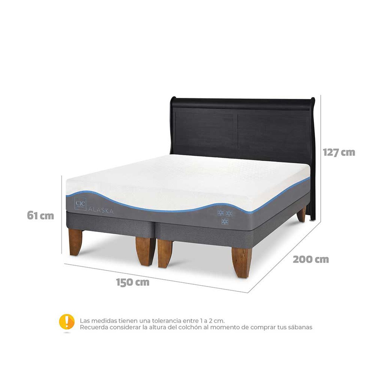 Cama Europea CIC Base Dividida 2 Plazas Alaska + Respaldo Miro Negro