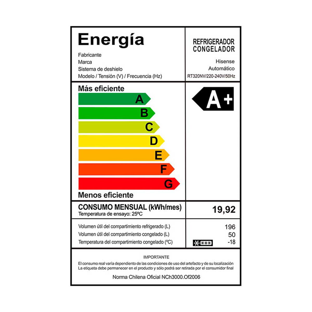 Hisense Refrigerador No Frost 246 lts RT320NV 167,6x55CM