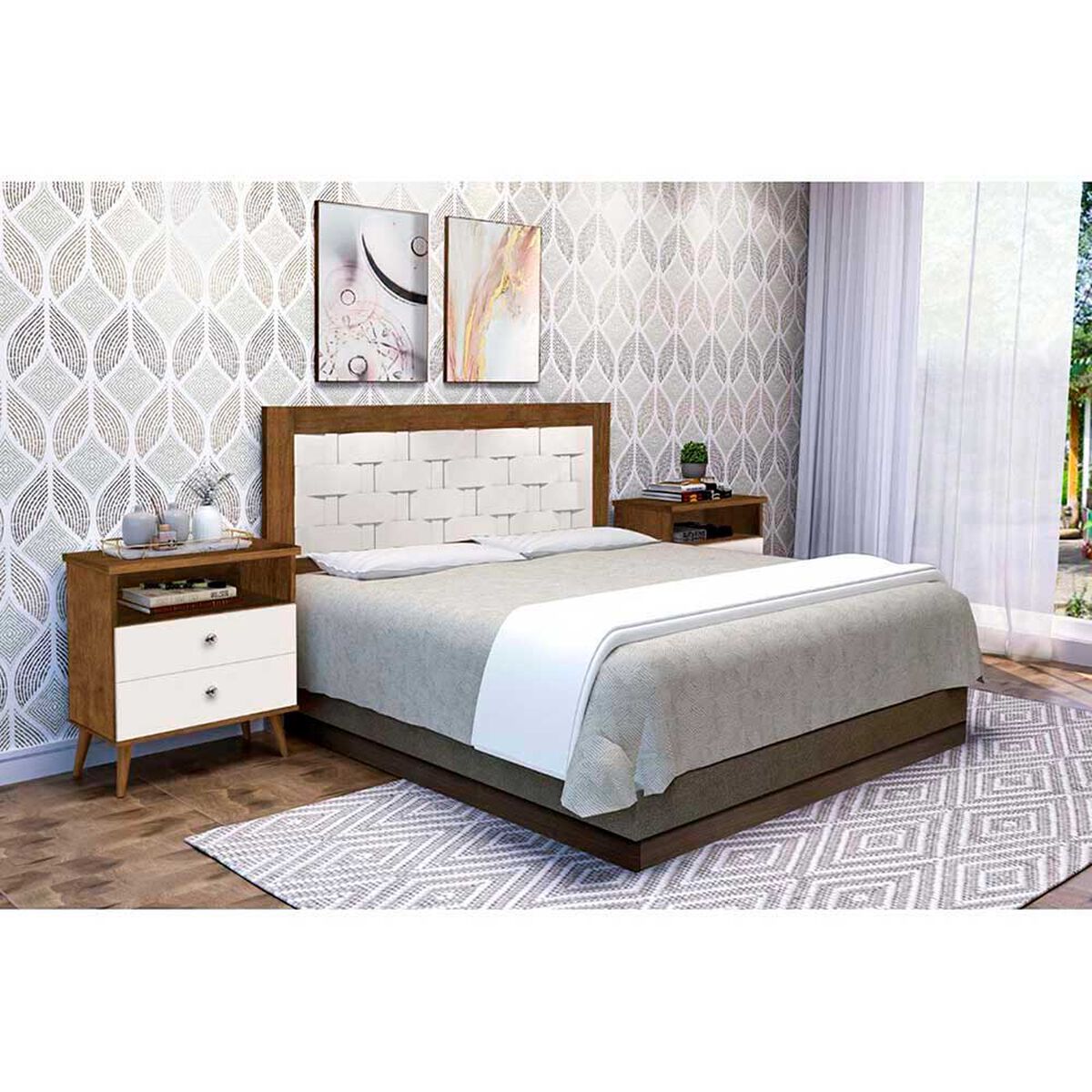 Combo Cama Europea Rosen Base Dividida 2 Plazas Ergo T + Respaldo + 2 Veladores Dreams Treliza Blanco + Cubrecamas + Juego de S&aacute;banas Casanova + Pack 2 Almohadas Celta Imperial