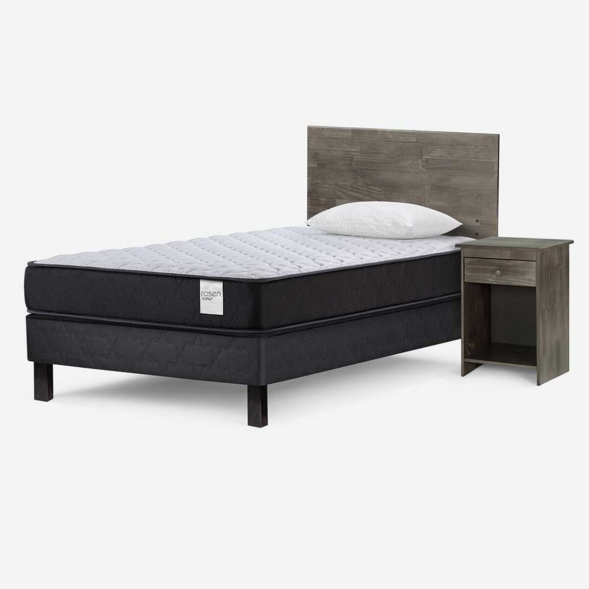 Cama Europea Rosen 1 Plaza Wave + Respaldo + Velador Tabor Grafito + Almohada Light Americana