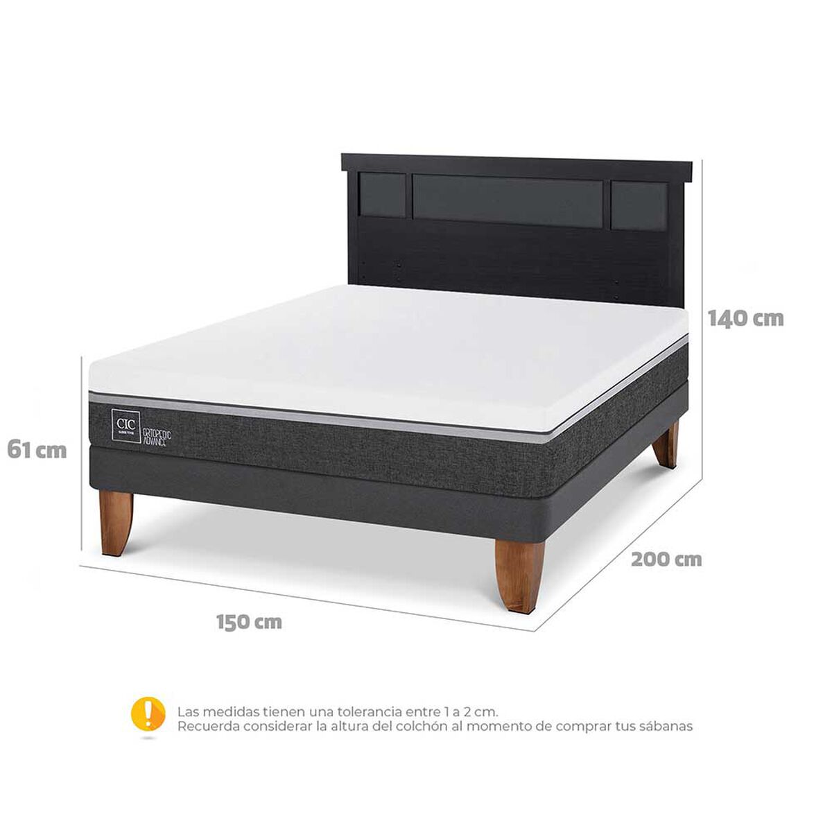 Cama Europea CIC 2 Plazas Ortopedic Advance + Respaldo Dublin Negro