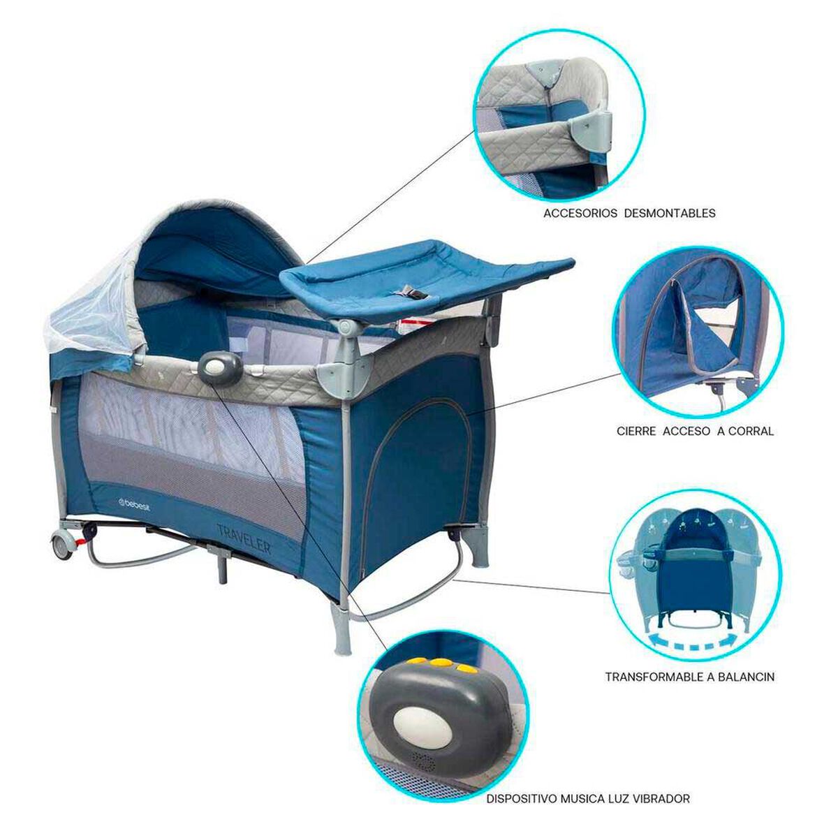 Cuna Corral Pack & Play Traveler Balancin Mudador Musica Azul Bebesit