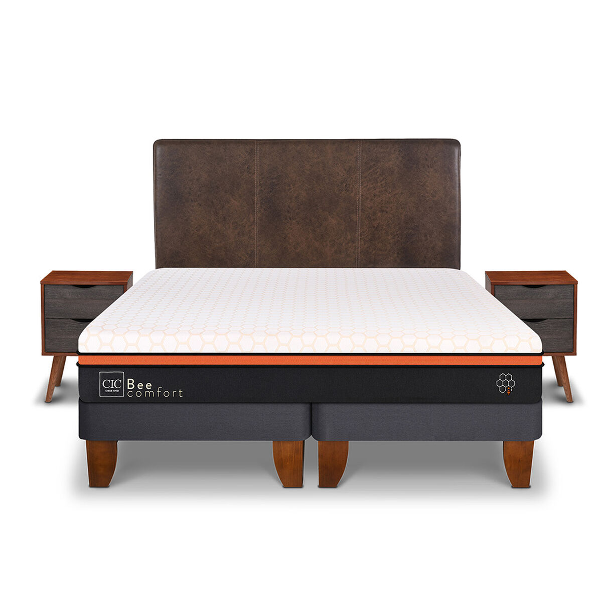 Cama Europea CIC Base Dividida King Bee Comfort + Respaldo + 2 Veladores