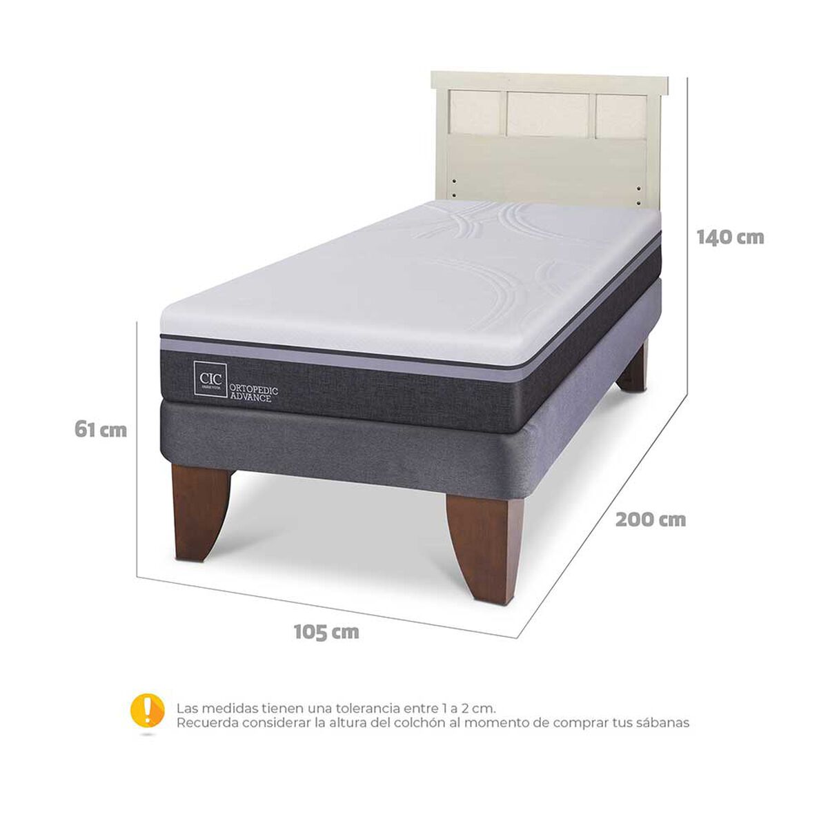 Cama Europea CIC 1,5 Plazas Ortopedic Advance + Respaldo Dublin Alpino