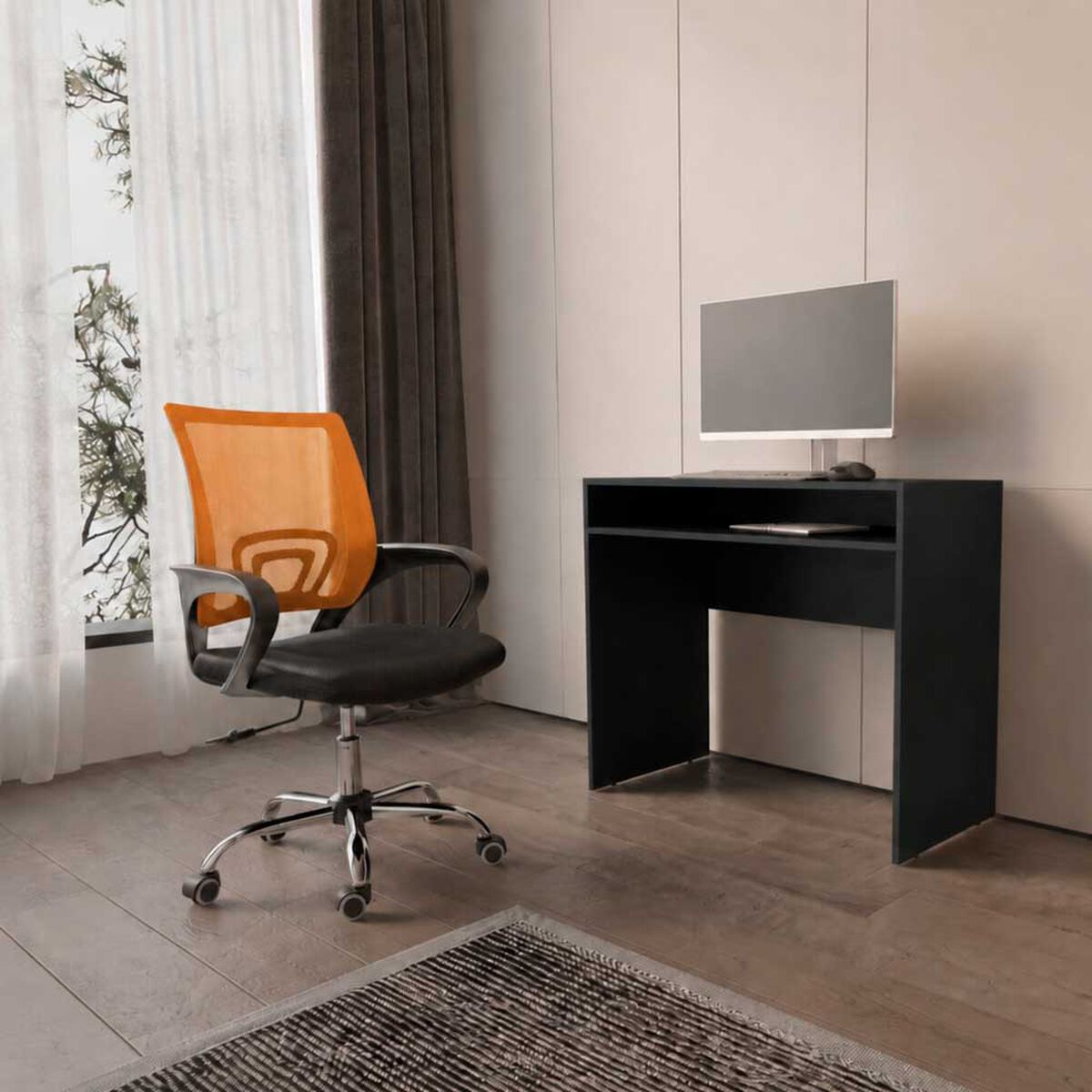 Combo Oficina Escritorio Wengue + Silla New York Negra y Naranjo Arthome