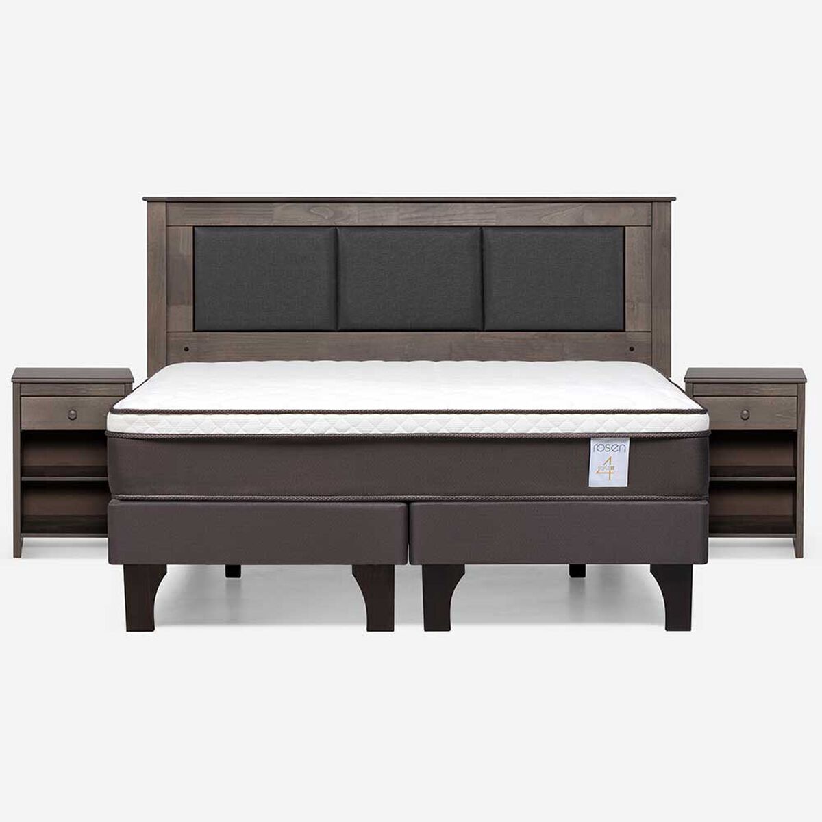 Cama Europea Rosen Base Dividida King New Style 4 Plus + Respaldo Rachel Gris + 2 Veladores