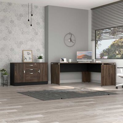 TUHOME Combo Escritotio + Cajonera 2 Puertas TuHome Home Office Negro Soft-Coñac