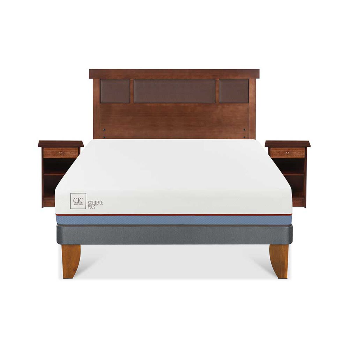 Cama Europea CIC 2 Plazas Excellence Plus + Respaldo + 2 Veladores Dublin Caramelo