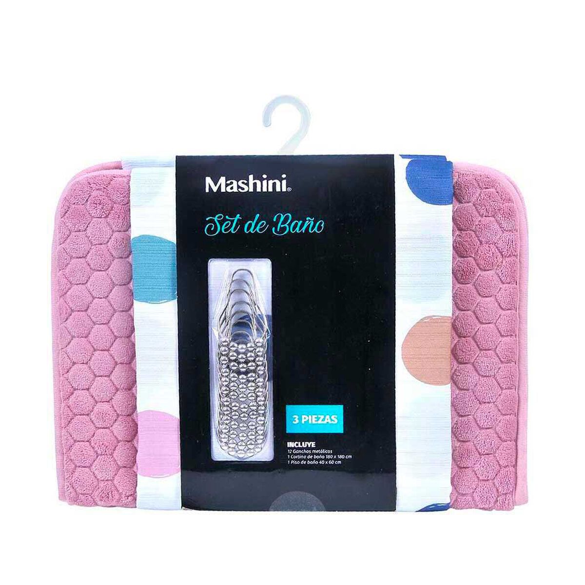 Set Cortina de Ba&ntilde;o +  Piso 3 Piezas Mashini Casta&ntilde;o