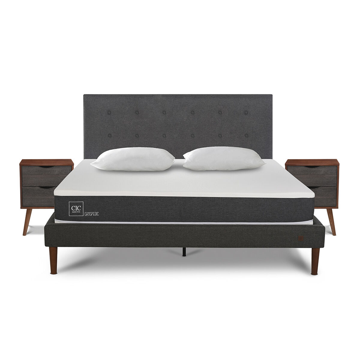 Cama Europea CIC 2 Plazas New Ortopedic + Respaldo Eufrates + 2 Veladores + Almohadas + Plumón