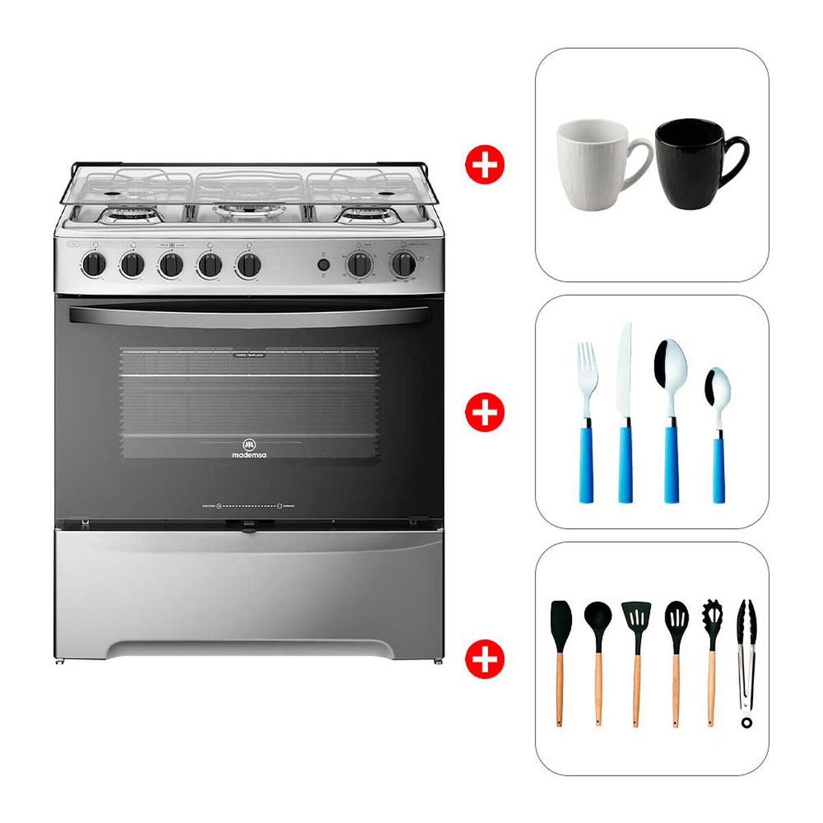 Combo Cocina a Gas Mademsa M 920 T 5 Quemadores + Set 2 Mugs Zibel MG-0476 Blanco Negro + Juego de Cubiertos Casanova K-1050 16 Piezas + Set 6 Utensilios de Cocina Casanova T4043-3A Negro
