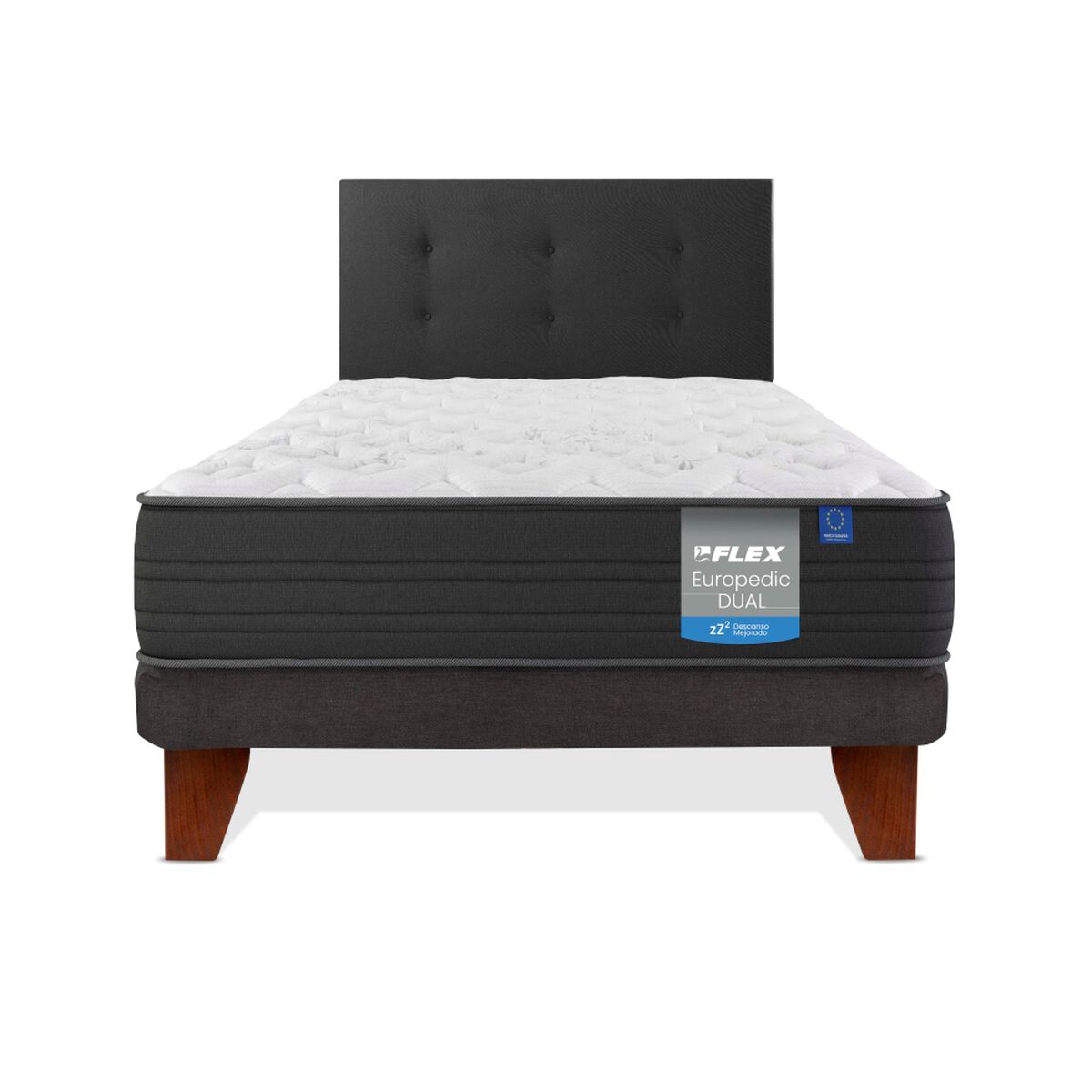 Cama Europea Europedic Dual 1 Plaza + Respaldo Royal Negro + Velador Rock