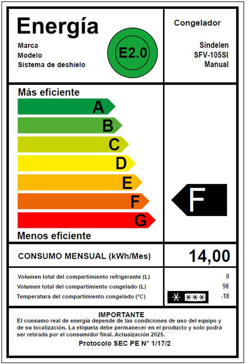 Freezer Vertical Sindelen SFV-105SI 98 lts.