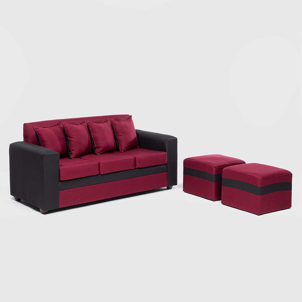 Juego de Living Almore Paris Sofá 3 Cuepos + Dos Pouf 1 Cuerpo Negro Rojo
