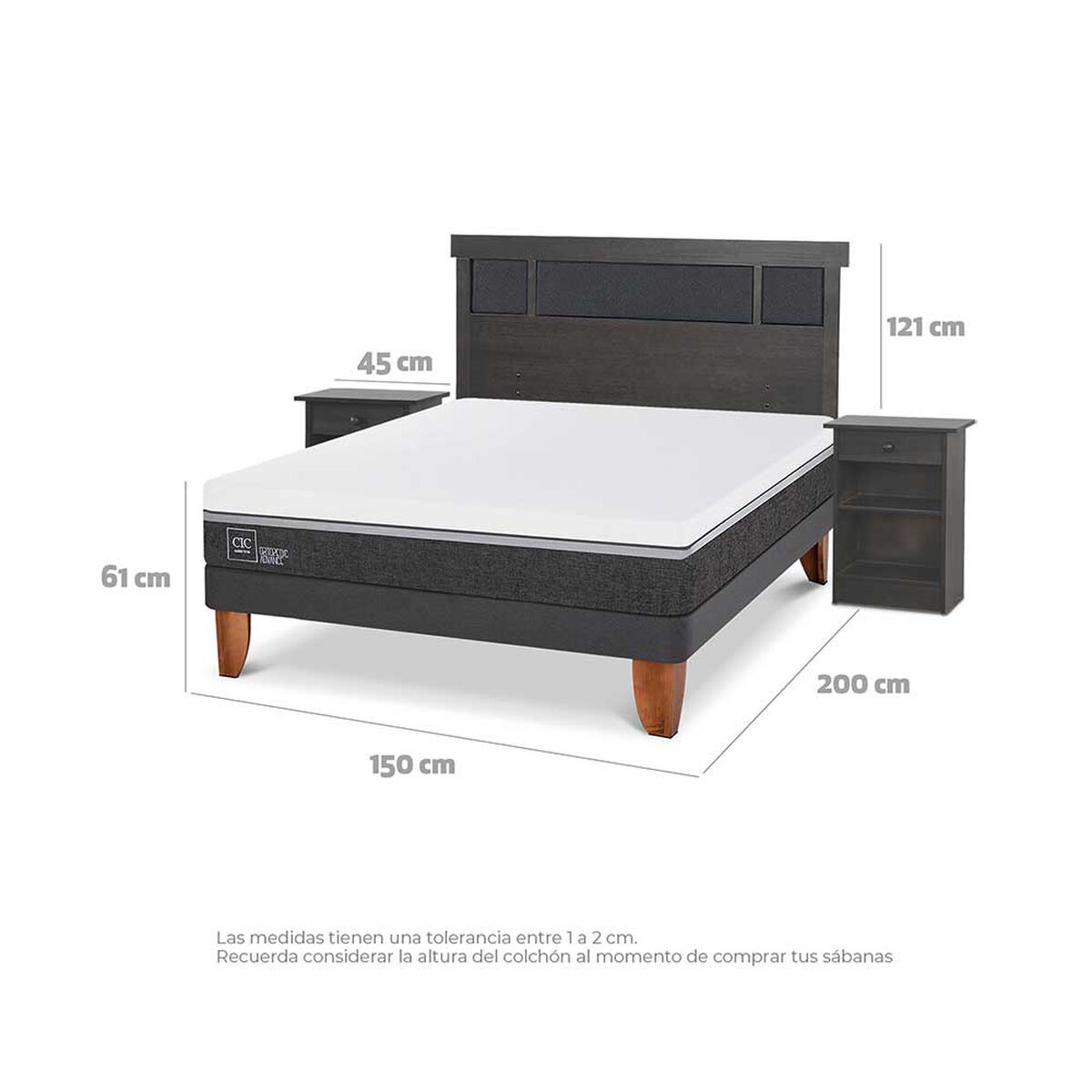 Cama Europea CIC 2 Plazas Ortopedic Advance + Respaldo + 2 Veladores Dublin